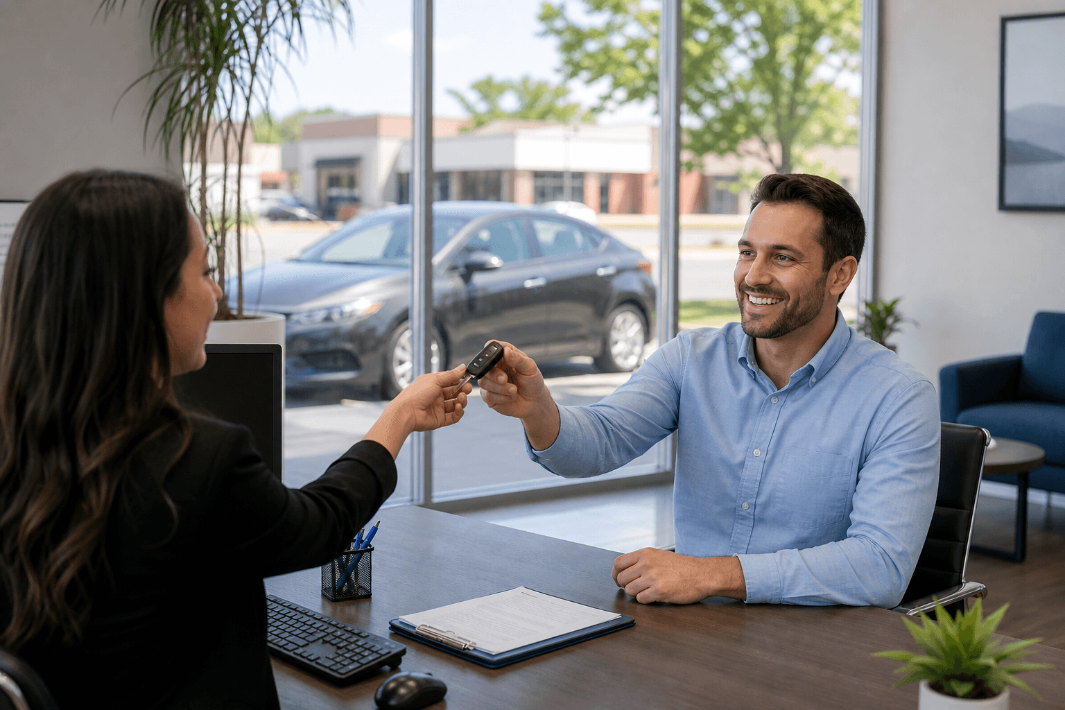 Customer receiving a rental car key for fast pickup in Plainfield, IL